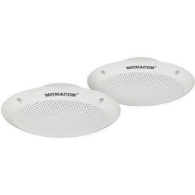 Två runda, vita infällda takthögtalare med 'MONACOR'-logotypen, lämpliga för montering i tak för ljuddistribution.