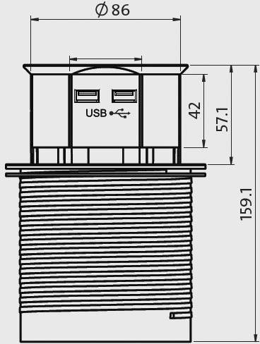 Teknisk ritning av ett runt USB-kontakthölje med mått: diameter 86 mm, höjd 159,1 mm. Innehåller två USB-portar.