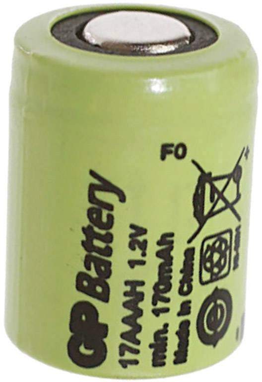 En grön 1,2V GP-batteri, modell 17AAAH, med 170mAh kapacitet. Observera: Får ej kastas, återvinningssymbol, tillverkad i Kina.