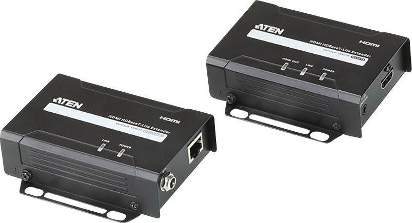Två svarta HDMI-distansenheter märkta 'HDMI HDBaseT Lite Extender', anslutna via nätverkskabel, för videosändning.
