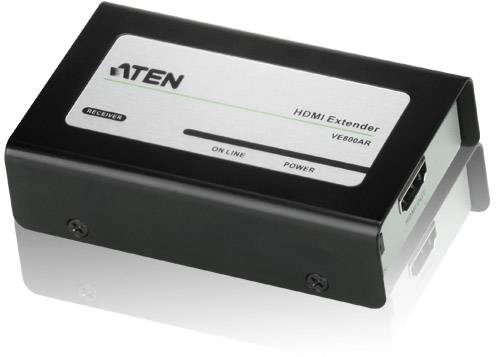 En HDMI-extendermottagare från ATEN, modell VE800AR, med anslutningar på sidan, för förlängning av HDMI-signaler.
