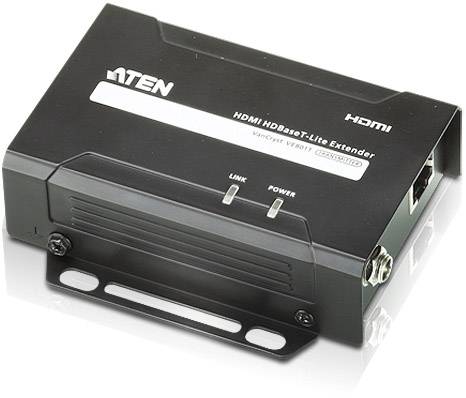 En svart HDMI-extender märkt med 'HDMI HDBaseT-Lite Extender' och 'HDMI'. Visar anslutningar och två statuslampor.