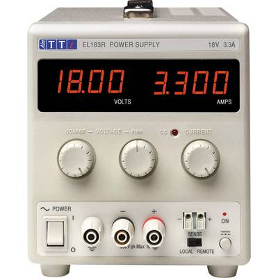 Ett laboratorieströmförsörjningsaggregat visar digitala displayer med '18,00 VOLT' och '3,300 AMPERE'. Vred för kontroll av spänning och strömstyrka.