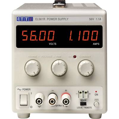 Nätaggregat med display '56,00 VOLT' och '1,100 AMPERE'. Två vridreglage för fin- och grovjustering av spänning och strömstyrka.