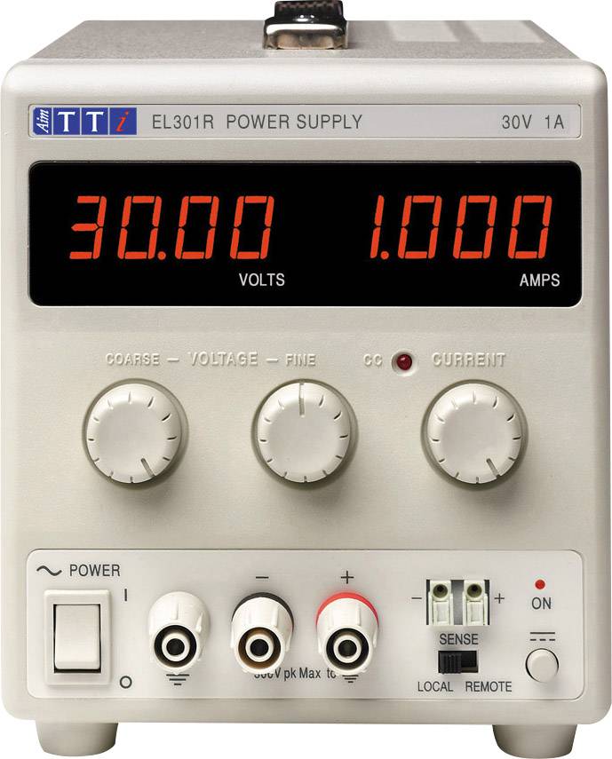 Elektroniskt laboratorieströmförsörjningsaggregat med display '30.00 VOLT' och '1.000 AMPERE', reglage för spänning och strömstyrka, anslutningar nedtill.