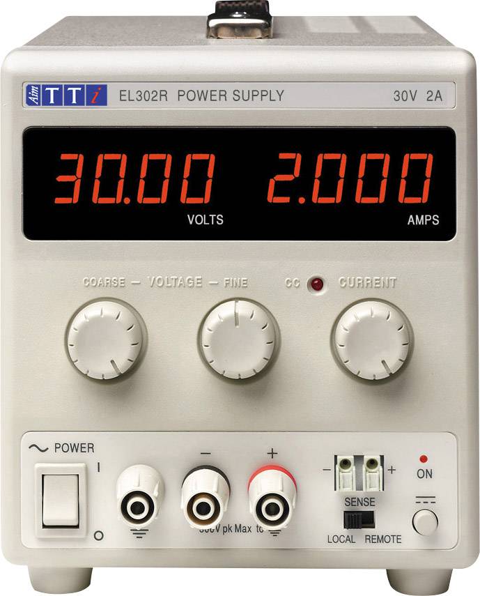 Laboratoriespänningsaggregat med digitalt display som visar '30,00 V' och '2,000 A'. Vred för spänning och strömstyrka, på-/avströmbrytare, klämmor nedtill.