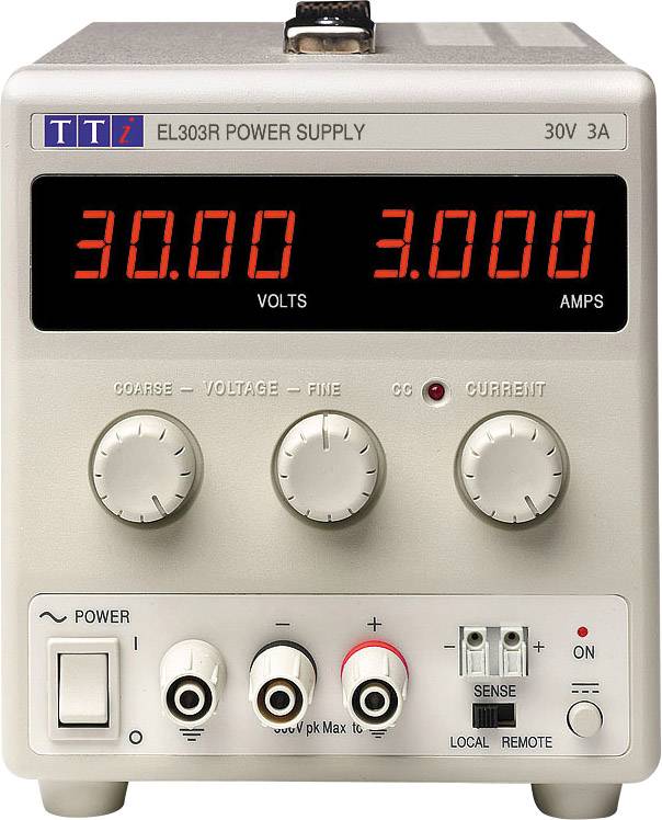 En digital laboratoriespänningskälla med display för spänning (30 volt) och strömstyrka (3 ampere). Tre vridreglage för inställning.