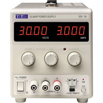 En digital laboratoriespänningskälla med display för spänning (30 volt) och strömstyrka (3 ampere). Tre vridreglage för inställning.