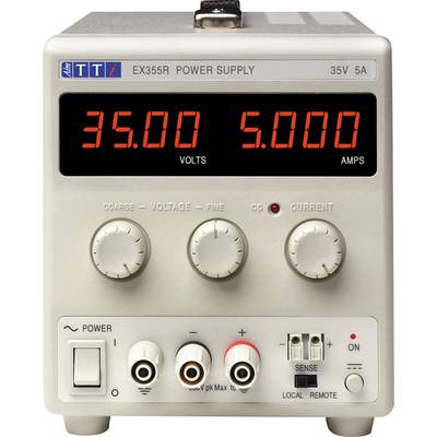 Elektroniskt nätaggregat med display: '35,00 VOLT, 5,000 AMPERE', reglage för spänning och strömstyrka, på-/avströmbrytare, anslutningar nedtill.