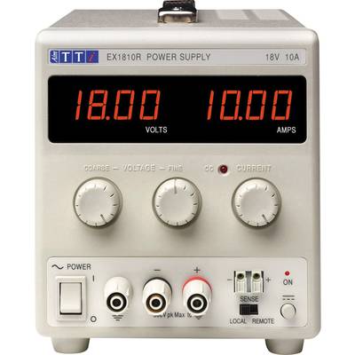 Ett laboratorienätaggregat med digitala displayer visar en spänning på 18,00 volt och en ström på 10,00 ampere.