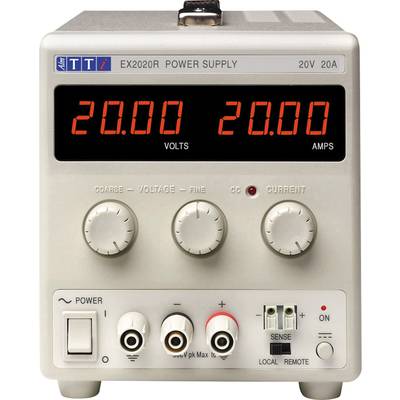 Ett laboratoriemataggregat med digital display som visar '20.00 VOLT' och '20.00 AMPERE'. Vred för spänning och strömstyrka.