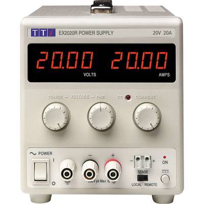 Laboratoriemataggregat med digital display visar '20,00 VOLT' och '20,00 AMPERE'. Rattar för inställning av spänning och strömstyrka finns tillgängliga.