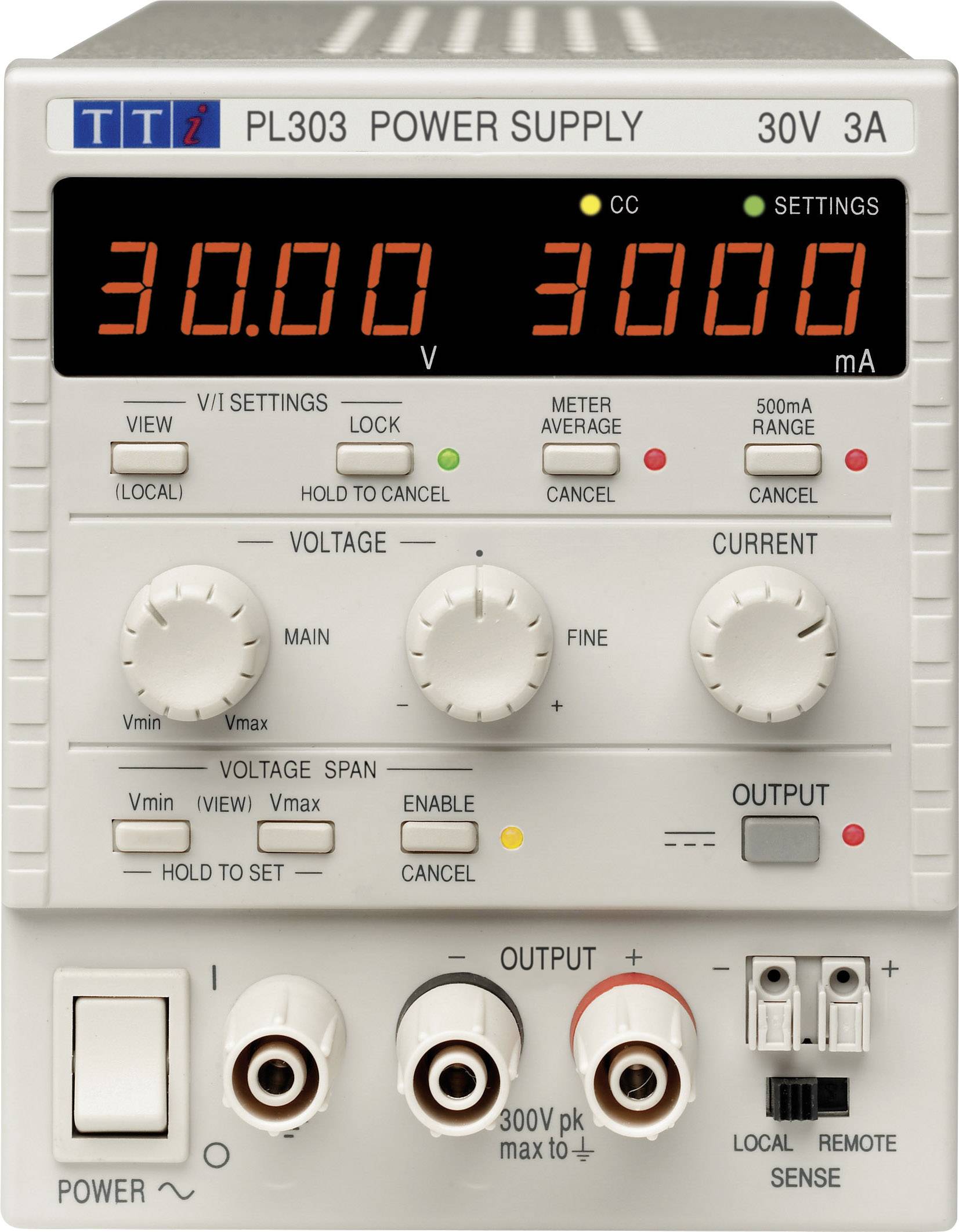 En digital nätaggregat med display: '30,00 V' och '3000 mA'. Reglage för spänning och ström, omkopplare för lokal/fjärrstyrning.