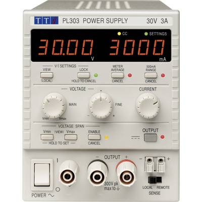 En digital nätaggregat med display: '30,00 V' och '3000 mA'. Reglage för spänning och ström, omkopplare för lokal/fjärrstyrning.