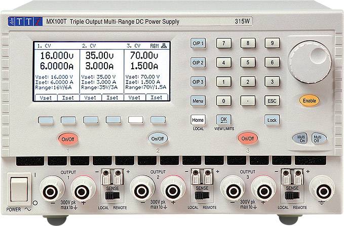 Ett digitalt laboratorieanpassat nätaggregat med tre utgångar som visar spänningar och strömmar: 16V/6A, 35V/4A, 7V/1,5A. Olika manöverdon och displayer synliga.