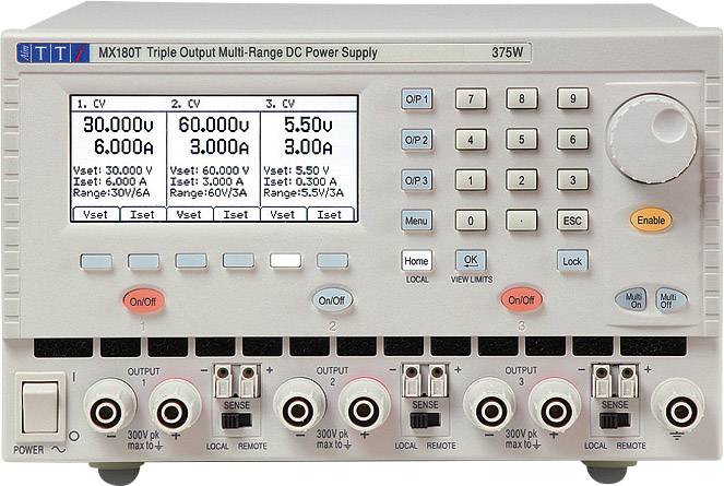 'MX180T' nätaggregat med trippel utgångsspänning. Visar tre digitala displayer för spänning (30,00V) och strömstyrka (6,000A, 3,000A, 3,000A). Kontrollpanel med knappar och vred.