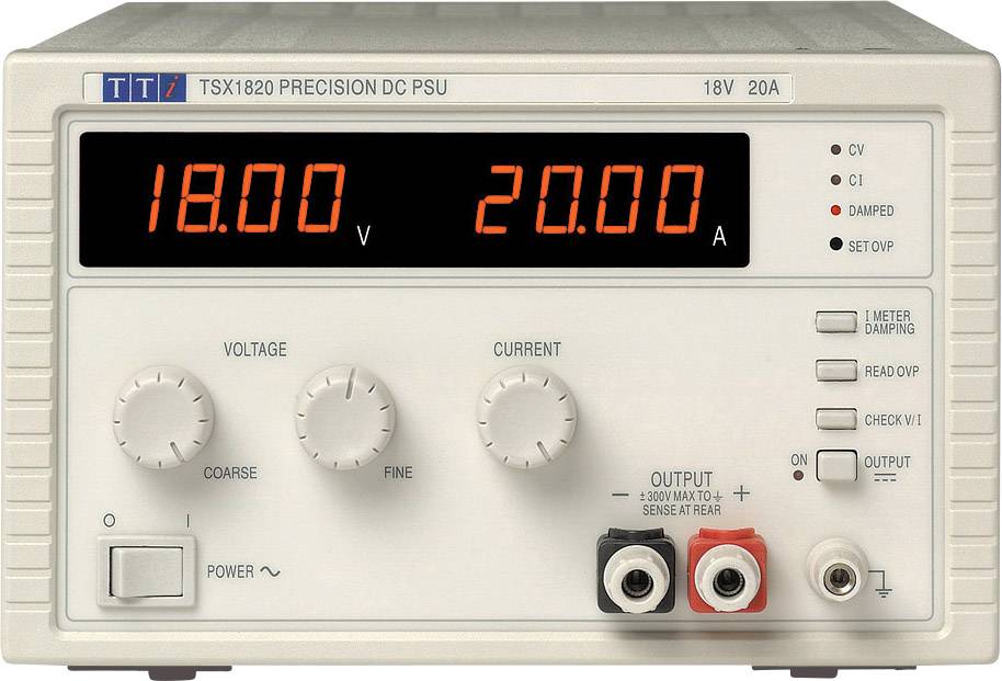 'TSX1820 Precision DC PSU' visar en spänning på 18,00 V och en strömstyrka på 20,00 A. Manöverdon för spänning och ström finns tillgängliga.