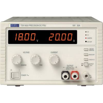 'TSX1820 Precision DC PSU' visar en spänning på 18,00 V och en strömstyrka på 20,00 A. Manöverdon för spänning och ström finns tillgängliga.