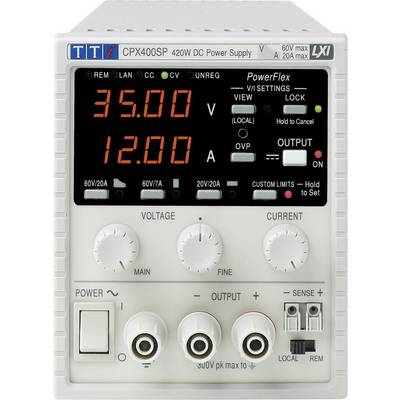 'TTi CPX400SP strömförsörjning. Display visar 35,00V, 12,00A. Justeringsreglage för spänning och strömstyrka. Anslutningar nedtill.'