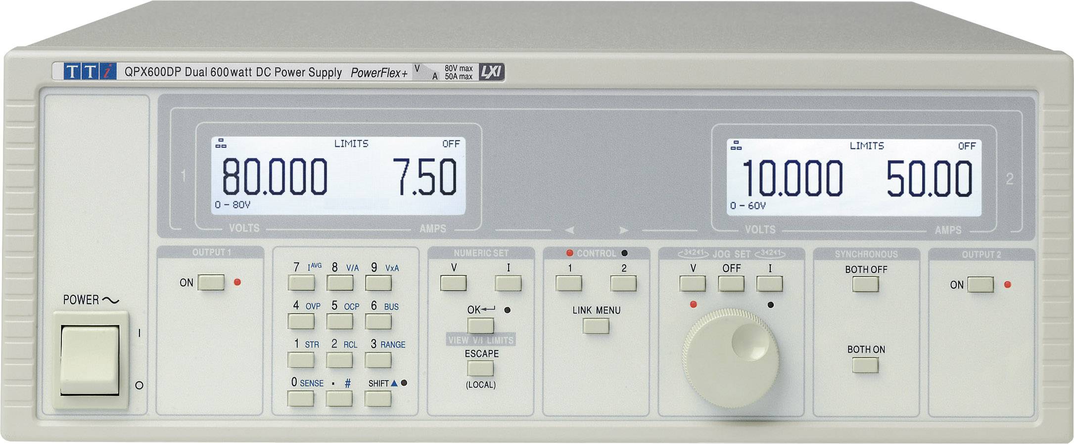 Ett dualt DC-nätaggregat med två displayer; vänster: spänning 80,00V, ström 7,50A, höger: spänning 10,00V, ström 50,00A.
