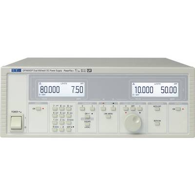 Ett dualt DC-nätaggregat med två displayer; vänster: spänning 80,00V, ström 7,50A, höger: spänning 10,00V, ström 50,00A.