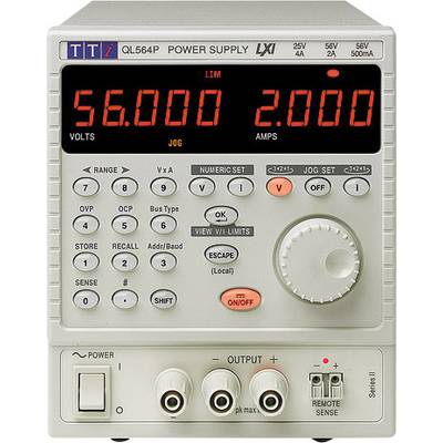 Ett elektroniskt laboratoriematningsaggregat med flera knappar och displayer. Visar '56,000 V' och '2,000 A'. Innehåller anslutningar för spänning och ström.
