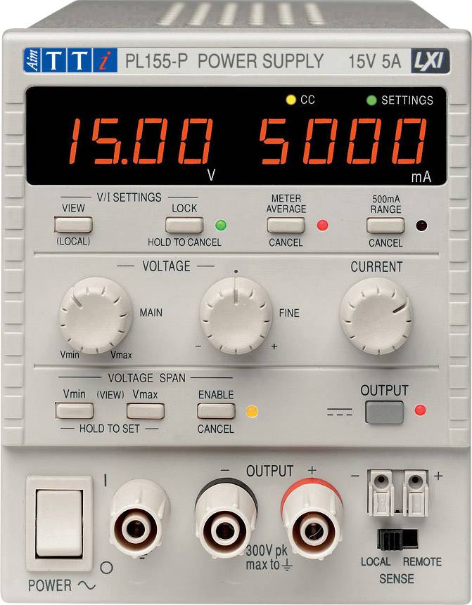 Nätdel PL155-P med rött display visar '15,00 V' och '5000 mA'. Knappar för spänning och strömstyrka. Utgångar nedtill.