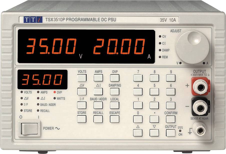 Ett programmerbart likströmsnätaggregat visar 35,00 volt och 20,00 ampere. Många knappar för styrning och justering av inställningarna.
