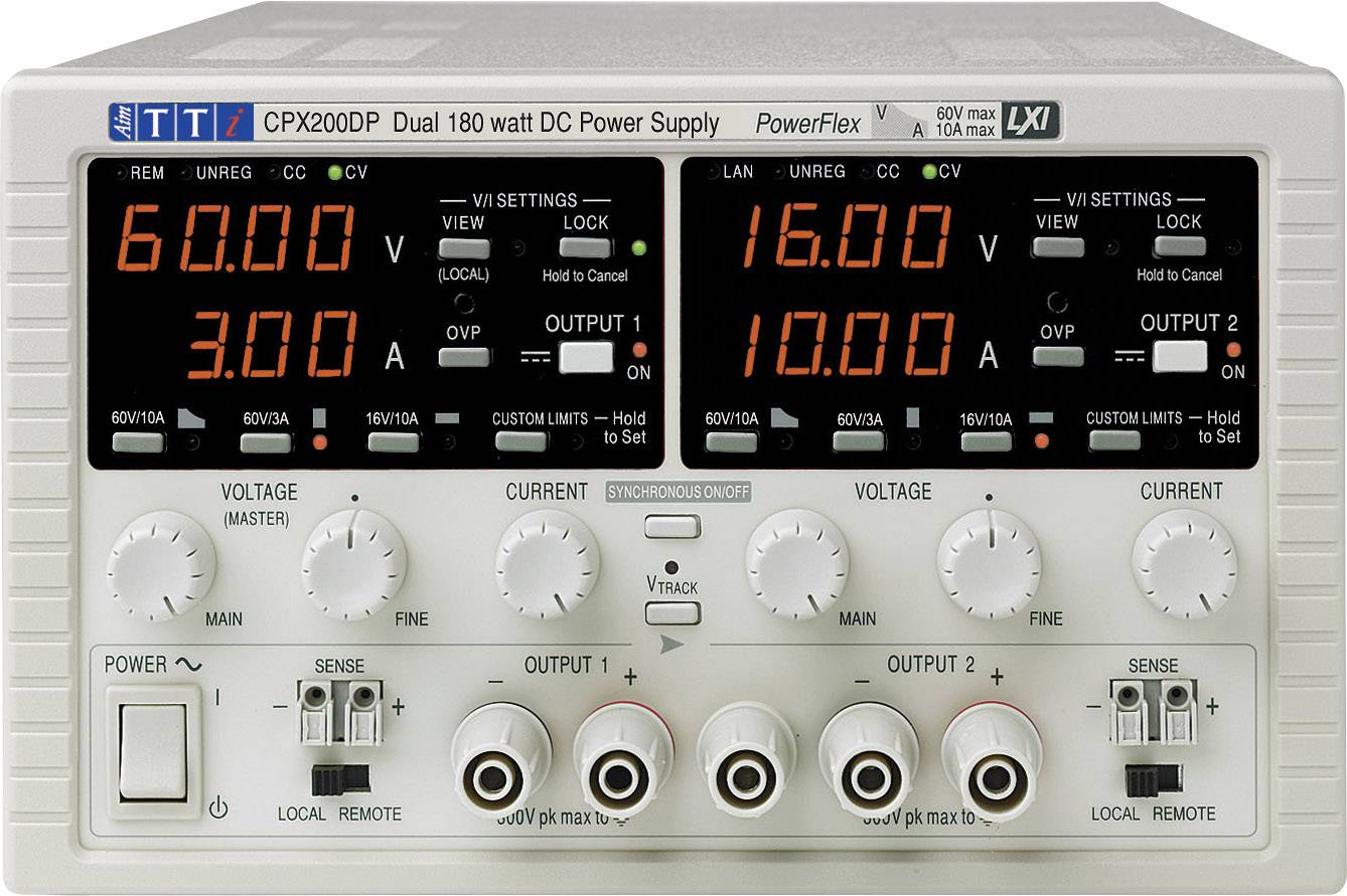 Elektronisk laboratorieutrustning med två digitala displayer. Vänster display visar 60V, 3A; höger display visar 16V, 10A.