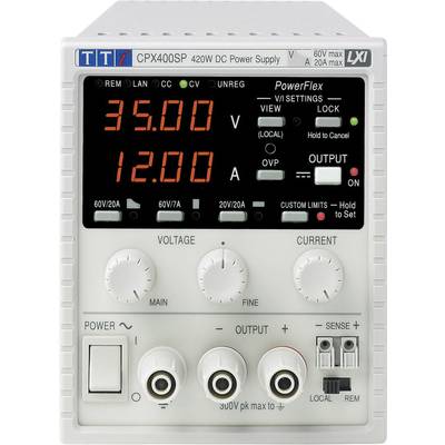 Laboratoriespänningsaggregat med digitaldisplay visar '35,00 V' och '12,00 A'. Kontrollknappar och anslutningar nedtill. 420W DC.