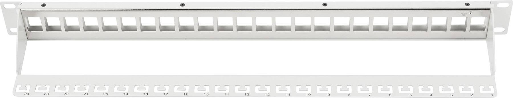 Tomt patchpanel med 24 portar för montering i ett nätverksrack, lämpligt för kabelhantering och organisation i IT-miljöer.
