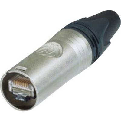 En nätverkskontakt med ett metallhölje och plastlock, som visar typiska RJ45-kontakter för Ethernet-anslutningar.