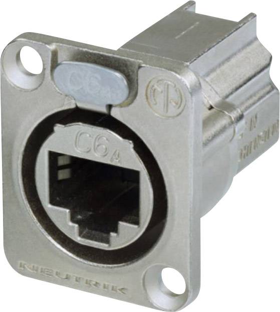 RJ45-nätverksuttag i en metallhållare, lämplig för CAT6A-kablage. Designad för robusta, professionella ljud- och dataapplikationer.