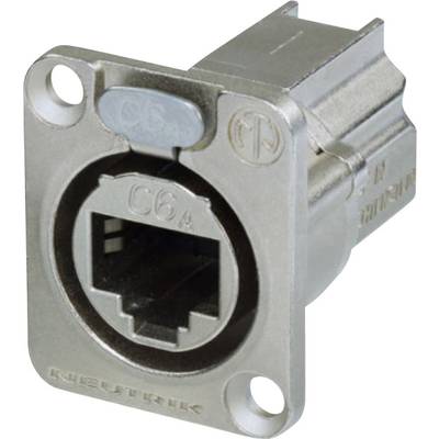 RJ45-nätverksuttag i en metallhållare, lämplig för CAT6A-kablage. Designad för robusta, professionella ljud- och dataapplikationer.