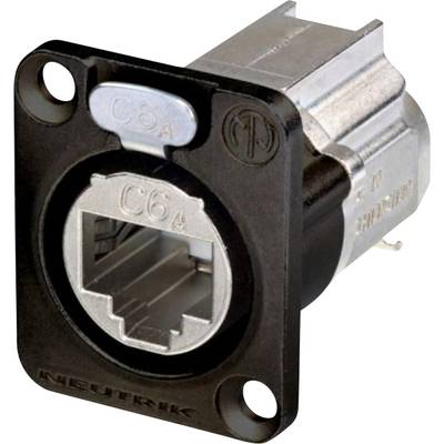'Neutrik C6A' RJ45-nätverksuttag, rektangulärt metallhölje, lämplig för Cat 6A-kabel, frontvy.