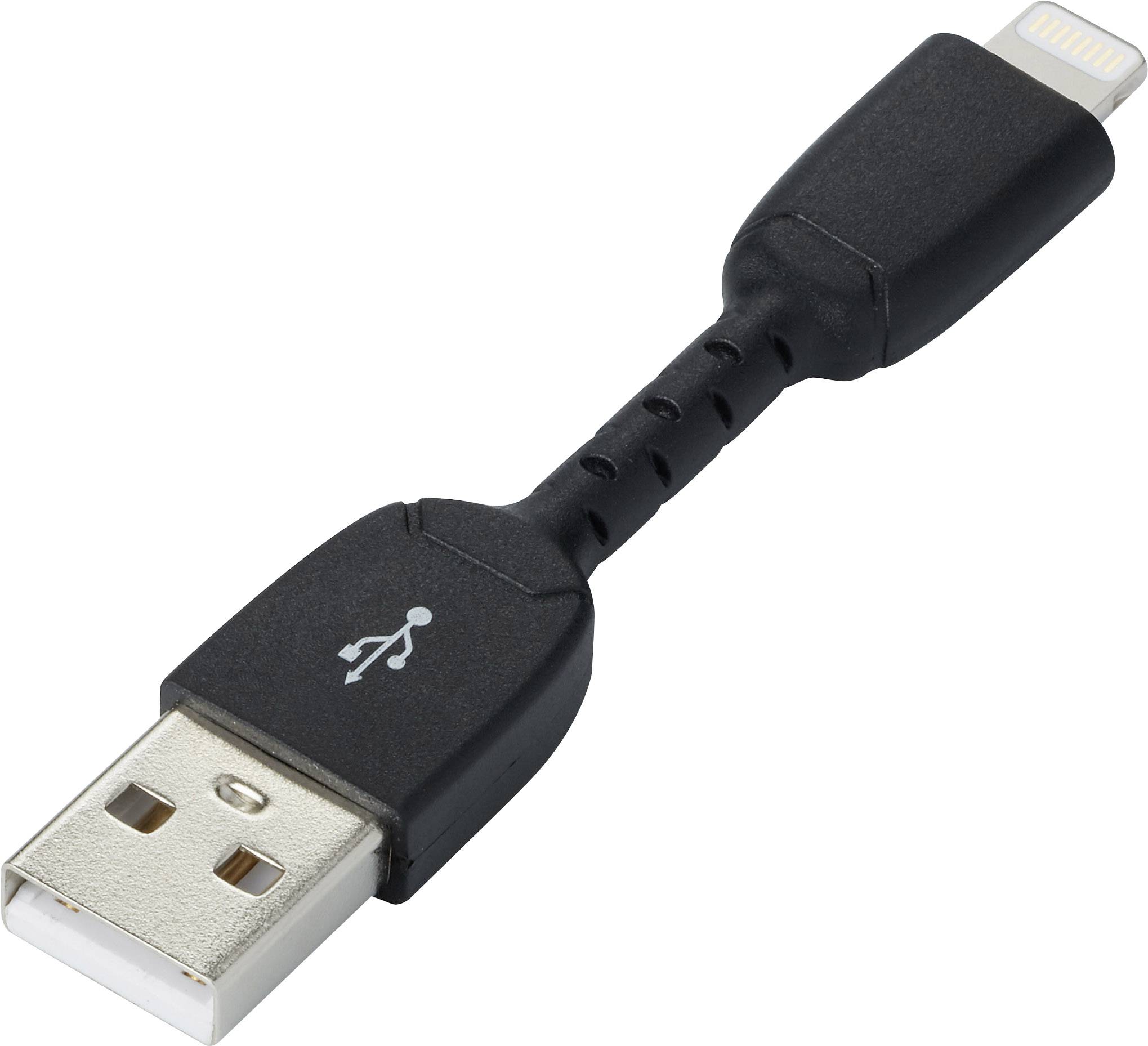 Ett kort, svart USB-till-Lightning-kabel, lämpligt för laddning och datasynkronisering för Apple-enheter.