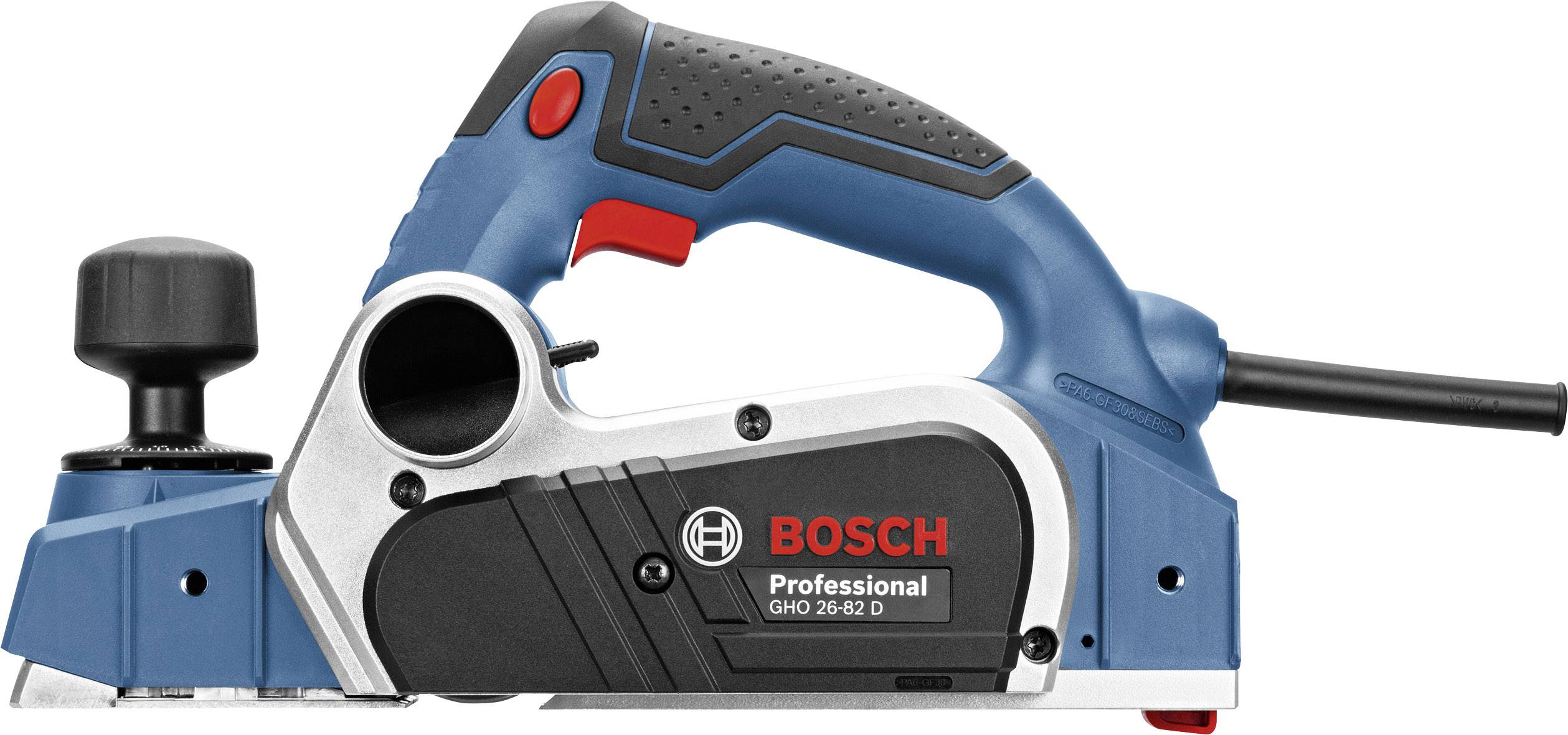 En blå Bosch handhyvel GHO 26-82 D med röd strömbrytare och svart handtag, lämplig för precisionssnickeri.