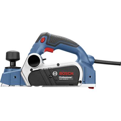 En blå Bosch handhyvel GHO 26-82 D med röd strömbrytare och svart handtag, lämplig för precisionssnickeri.