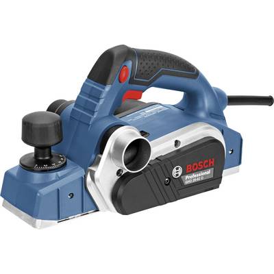 Elektrisk handhyvel i blå färg med röd knapp och svart handtag, märke Bosch, modell GHO 26-82 D, för precisionshyvling av trä.