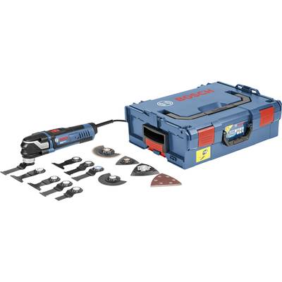 Elektromultitool och tillbehör framför en blå väska med röd låsning. Innehåller olika set för skärning och slipning.