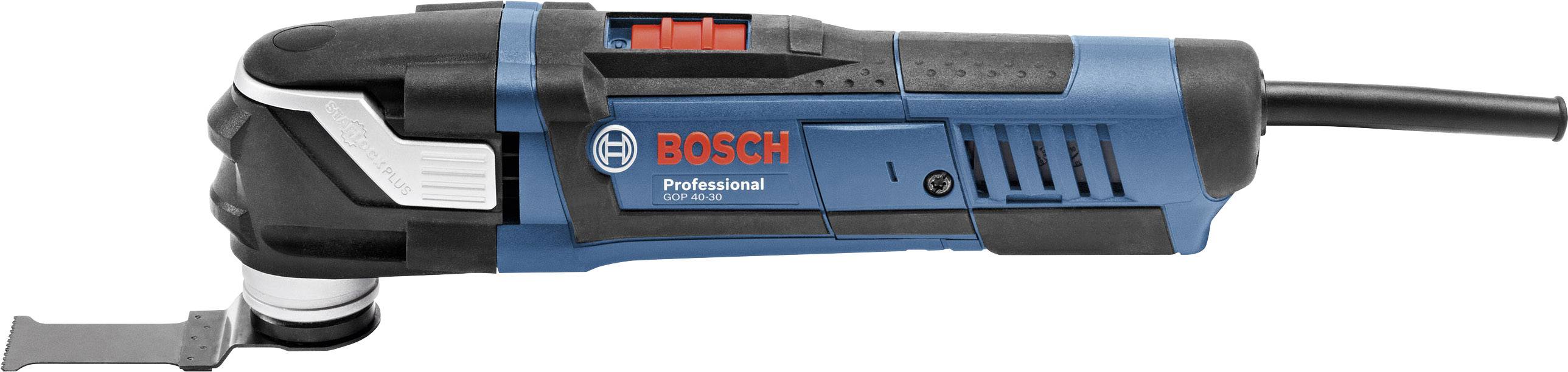 Bosch elektriskt multiverktyg. Blå-svart hölje med röd strömbrytare, lämpligt för skärning och slipning.