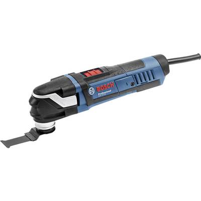 En blå Bosch elektrisk multiverktyg med röd strömbrytare och svart handtag.
