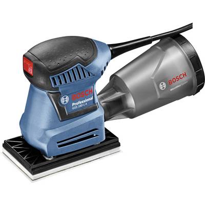 En blå Bosch handslip med svart handtag och röd strömbrytare, bredvid en grå uppsamlingsbehållare med Bosch-logotyp.