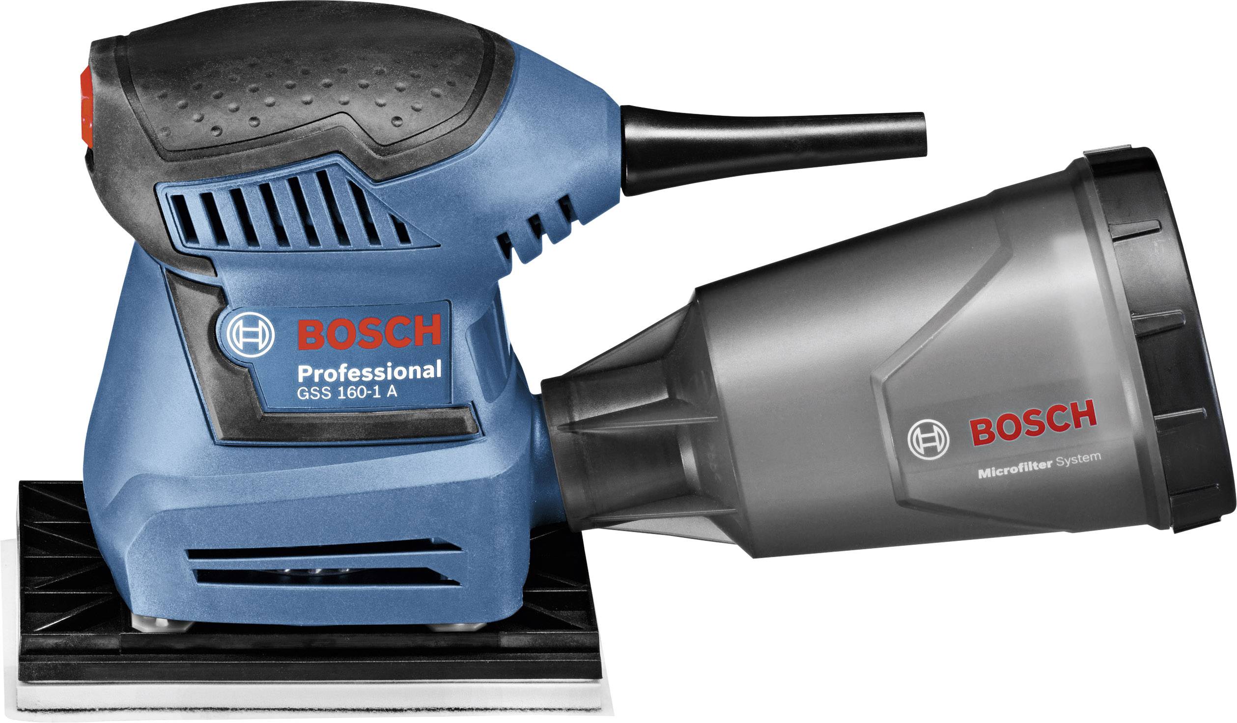 Elektrisk Bosch excenterslip, modell 'Professional GSS 160-1 A', i blått och grått, med dammuppsamlingssystem.