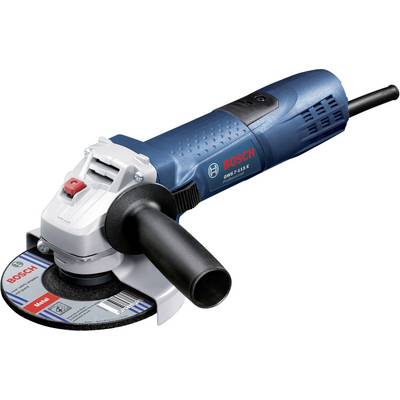 En blå vinkelslip från märket Bosch med ett svart handtag och ett runt sliphuvud. Lämplig för bygg- och metallarbeten.
