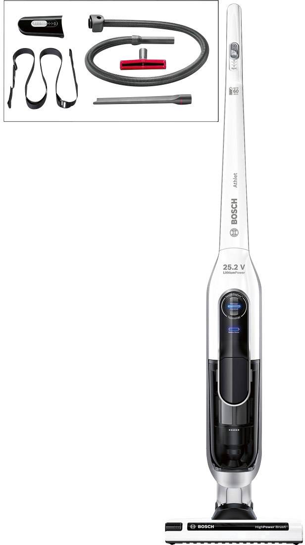 Bosch Athlet dammsugare i vitt. Medföljande tillbehör: slang, munstycke, axelrem. Sladdlös design med 25,2 V batteri.