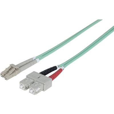 En turkos glasfiberkabel med två kontakttyper: LC-kontakt på ena sidan, SC-kontakt på den andra.