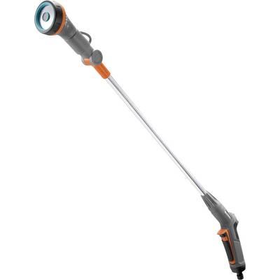 Lång vattenkanna med handtag, orangea detaljer och justerbar munstycke, lämplig för trädgårdsarbete och vattning.