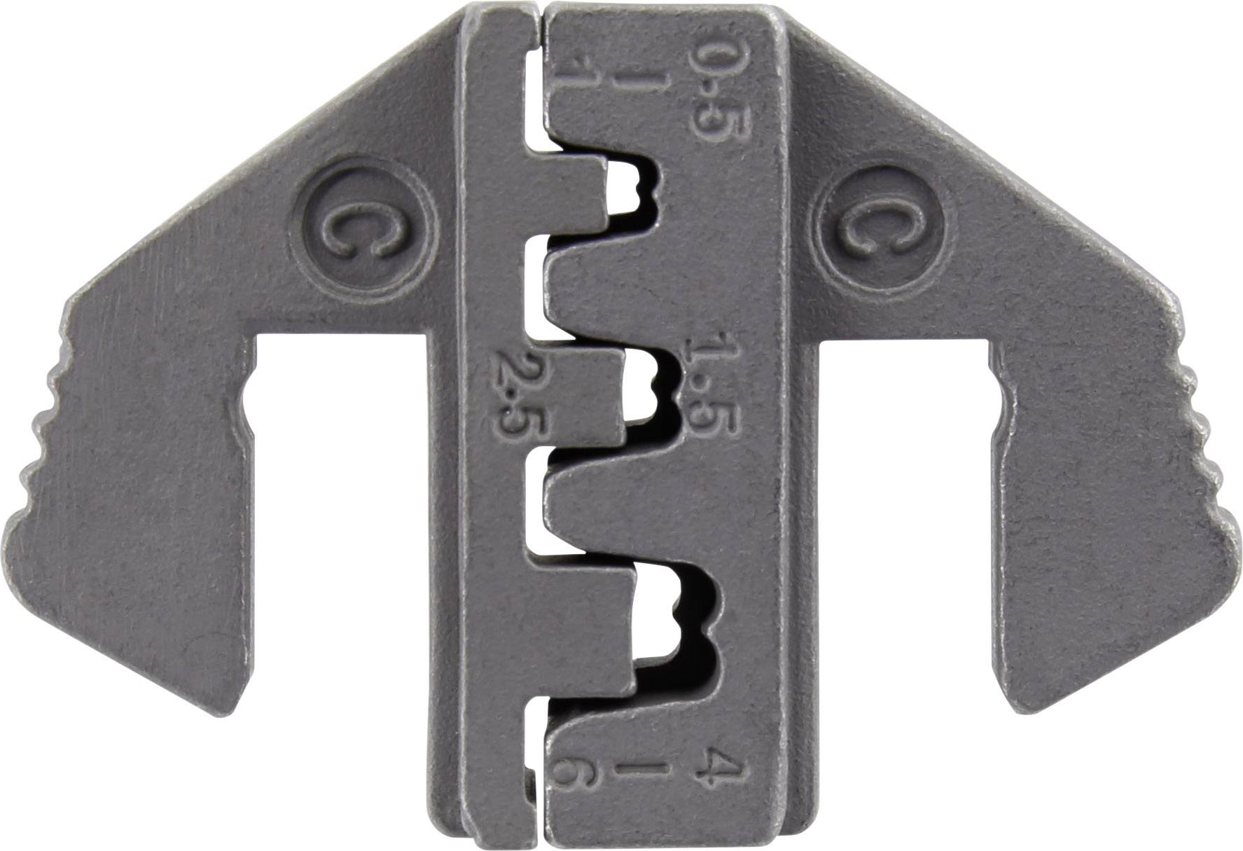 Metallklämma med flera spårbredder, märkt med siffror (0,5, 1,5, 2,5) och bokstäver (C), troligen avsedd för kabelförankring.