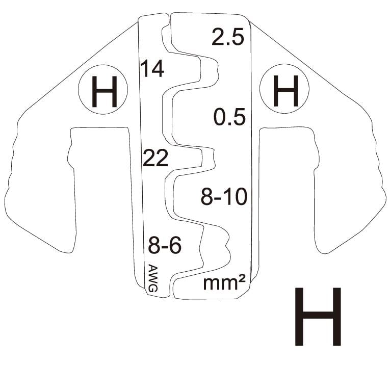 Mätverktyg för kabelarea. Visar storleksangivelser för kablar från 0,5 till 10 mm², märkt med 'H'.